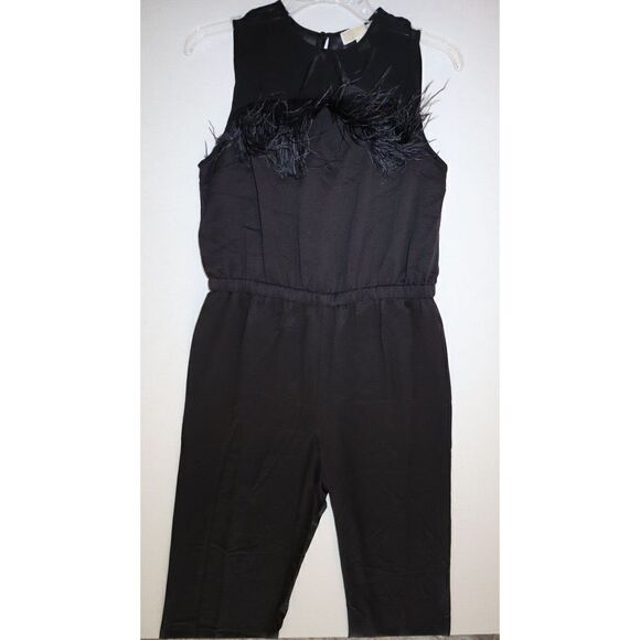 Michael Michael Kors Women's Sz 10 Black Feather Trim Jumpsuit $195 - Picture 8 of 14